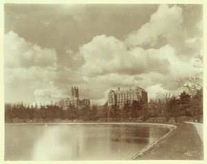 St. Mary's Hall and Gasson Hall from the Lawrence Basin, which was purchased by Boston College in 1948-49 and filled in for the purpose of erecting an athletic stadium in 1951