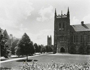 Bapst Library, St. Mary's Hall, Gasson Hall, and Devlin Hall from Commonwealth Avenue