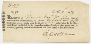 Thomas Bond receipt for Charity Fund subscription, 1819 August 7