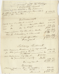 Edward Hitchcock laboratory and library account with the Amherst College, 1852-1853