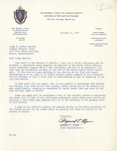 Letter from Raymond Flynn, Massachusetts State Representative, to Judge W. Arthur Garrity, 1975 October 11