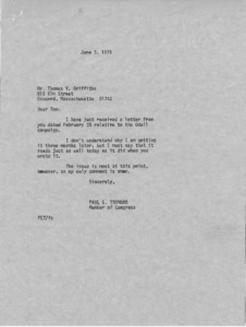 Letter to Mr. Thomas V. Griffiths from Paul E. Tsongas