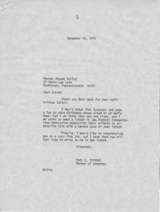 Letter to Master Joseph Kelley from Paul E. Tsongas