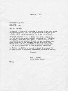 Letter from Paul E. Tsongas to Lowell Planning Board