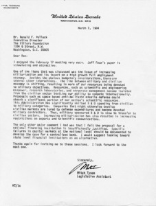 Letter to Ronald F. Pollack from Mitch Tyson commenting on issues that were discussed at a meeting, focusing on the issue of the shifting of military and civilian economy
