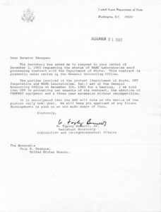 Letter to Senator Tsongas from W. Tapley Bennett, Jr., regarding Wang Laboratories word processing contract