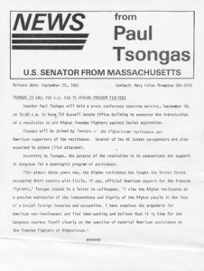 Tsongas to call for U. S. aid to Afghan Freedom Fighters