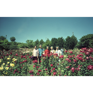 Five female Association members pose in a rose garden