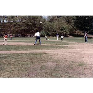 Man gets ready to catch a ball during a kickball game