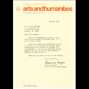 Letter from Rosamond Hooper, administrative assistant to Anne Hawley of the Commonwealth of Massachusetts Council on the Arts and Humanities to Muriel Snowden, acknowledging Freedom House's application