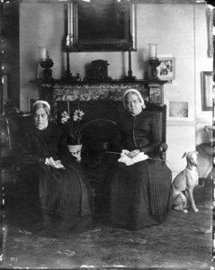 Double portrait of Misses Frances Greely Stevenson and Martha Curtis Stevenson, sitting in chairs, facing front, 32 Mount Vernon Street, Boston, Mass., ca. 1895