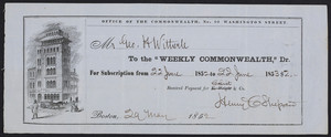 Receipt for the Weekly commonwealth, Office of the Commonwealth, No. 60 Washington Street, Boston, Mass., dated May 29, 1852