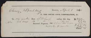 Rent check for The South Cove Corporation, Dr., Boston, Mass., dated April 1, 1840