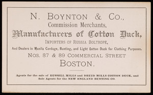 Trade card for N. Boynton & Co., commission merchants, manufacturers of cotton duck, Nos. 87 & 89 Commercial Street, Boston, Mass., November 17, 1884
