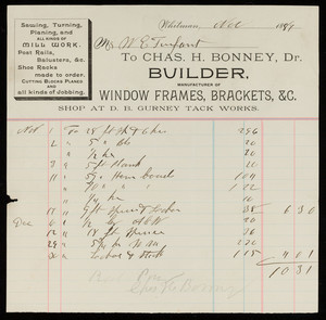 Billhead for Chas. H. Bonney, Dr., builder, manufacturer of window frames, brackets, Whitman, Mass., dated November 1889