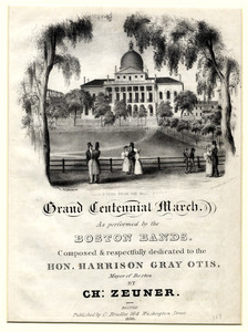 Grand centennial march, as performed by the Boston bands, composed & respectfully dedicated to the Hon. Harrison Gray Otis, Mayor of Boston, by Ch. Zeuner, Boston, published by C. Bradley, 164 Washington Street