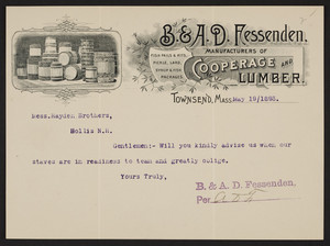Letterhead for B.& A.D. Fessenden, cooperage and lumber,Townsend, Mass., dated May 19, 1893