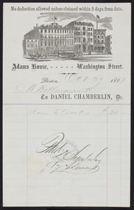 Billhead for the Adams House, hotel, Washington Street, Boston, Mass., dated October 31, 1867