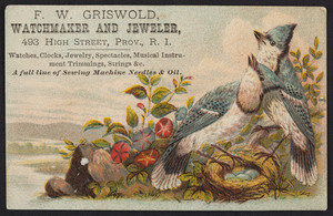 Trade card for F.W. Griswold, watchmaker and jeweler, 493 High Street, Providence, Rhode Island, undated