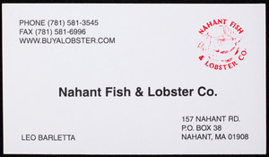 Business card for the Nahant Fish & Lobster Co., 157 Nahant Road, P.O. Box 38, Nahant, Mass., undated