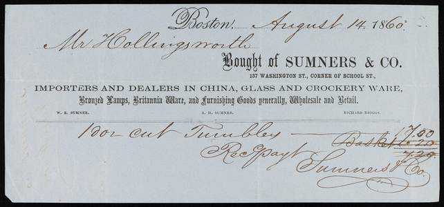 Billhead for Sumners & Co., importers and dealers in china, glass and crockery ware, 137 Washington Street, corner of School Street, Boston, Mass., dated August 14, 1860