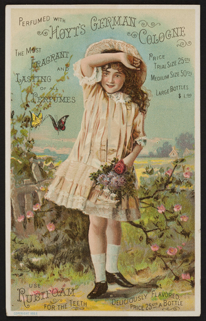 Trade card for Hoyt's German Cologne and Rubifoam for the teeth, E.W. Hoyt & Co., Lowell, Mass., 1889