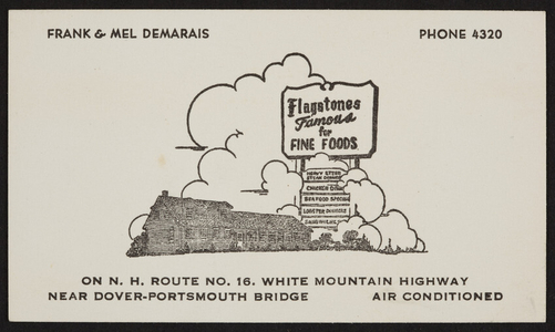 Trade card for Flagstones, famous for fine foods, Route No.16, White Mountain Highway, New Hampshire, undated