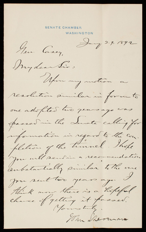 John Sherman to Thomas Lincoln Casey, January 29, 1892