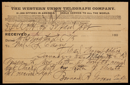 Bernard R. Green to Thomas Lincoln Casey, August 15, 1894; telegram