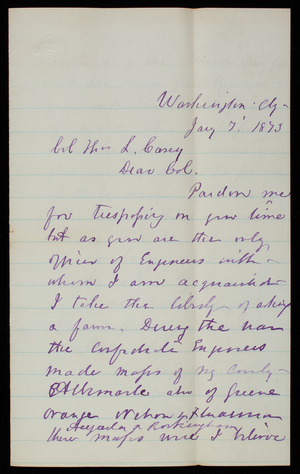 B. H. Duke to Thomas Lincoln Casey, January 7, 1873