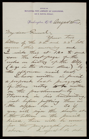 [Bernard R.] Green to Thomas Lincoln Casey, August 25, 1890 (1)