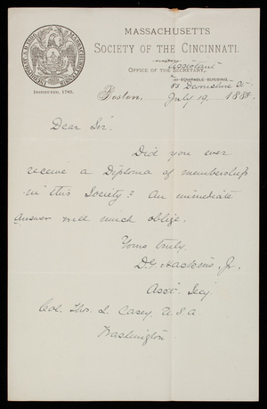 D. Haskins, Jr. to Thomas Lincoln Casey, July 19, 1888