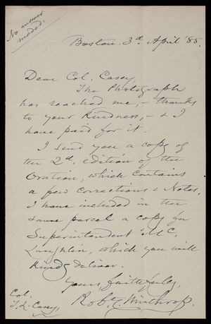 Robert Winthrop to Thomas Lincoln Casey, April 3, 1885