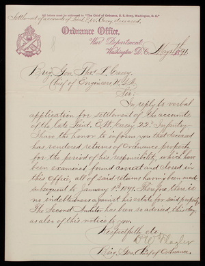 D. W. Flagler, Chief of Ordinance to Thomas Lincoln Casey, May 4, 1891