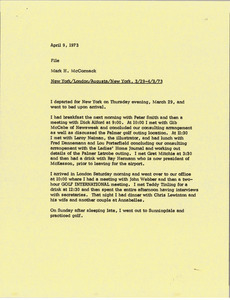 Memorandum from Mark H. McCormack concerning his trips from March 29 to April 9, 1973