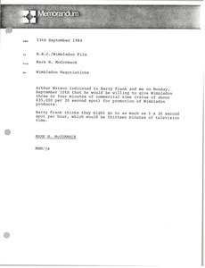 Memorandum from Mark H. McCormack to National Broadcasting Company Wimbledon file