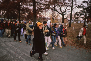 Demonstrators walking toward the Pentagon