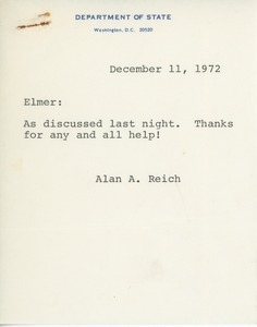 Letter from Alan A. Reich to Elmer C. Bartels