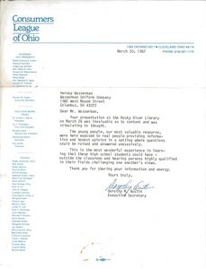 Letter from Consumers League of Ohio to Harvey Wasserman