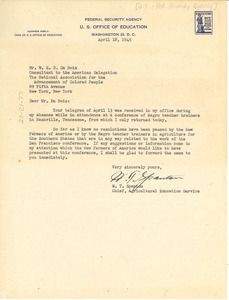 Letter from United States Federal Security Agency to W. E. B. Du Bois