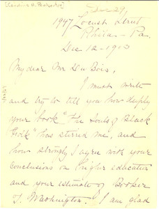 Letter from Caroline H. Pemberton to W. E. B. Du Bois