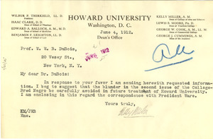 Letter from Kelly Miller to W. E. B. Du Bois