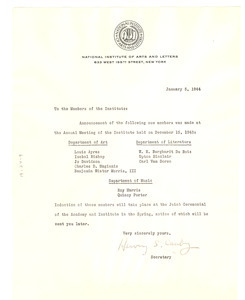 Letter from National Institute of Arts and Letters to W. E. B. Du Bois