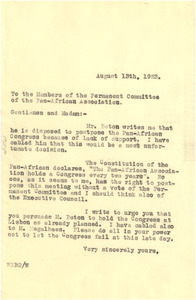 Circular letter from W. E. B. Du Bois to Pan African Association Permanent Committee
