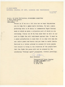 Letter from National Council of the Arts, Sciences, and Professions St. Louis Chapter to W. E. B Du Bois Testimonial Dinner Committee