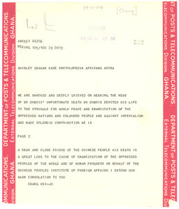 Telegram from Hsi-Jo Chang to Shirley Graham Du Bois