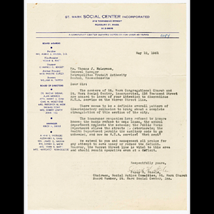 Copy of letter from Percy H. Steele to Mr. Thomas J. McLernon regarding the frustration of St. Mark Congregational Church and St. Mark Social Center members over discontinuation of service on Warren Street line