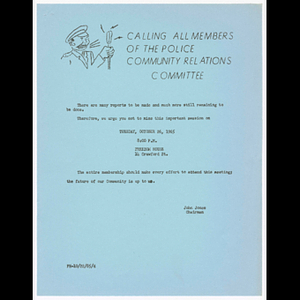 Memorandum from John Jones, Chairman to all members of Police-Community Relations Committee about meeting on October 26, 1965