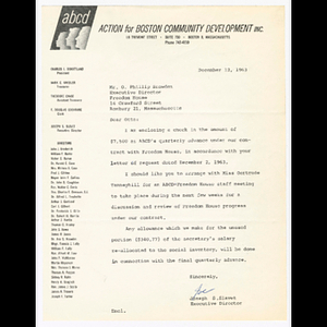 Letter from Joseph Slavet to Otto Snowden about payment from Action for Boston Community Development (ABCD) to Freedom House, Inc.