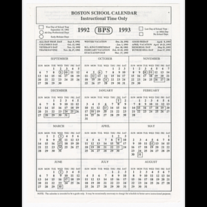 Boston Public school calendar, 1992-1993, instructional time only